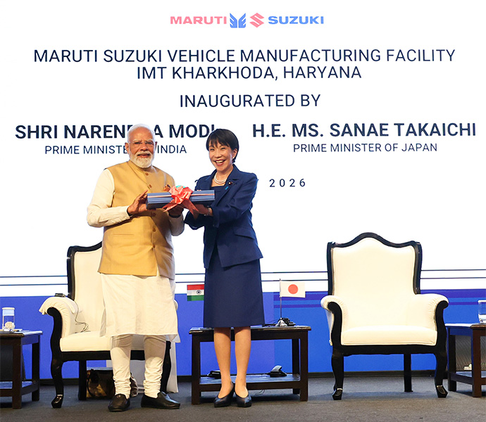 Premiuerul Takaichi si prim-ministrul indian NArendra Modi la Formului Economic Comun India - Japonia. Locatie Delhi. Ceremonie deschidere noua fabrica Suzuki de la Kharkhoda.